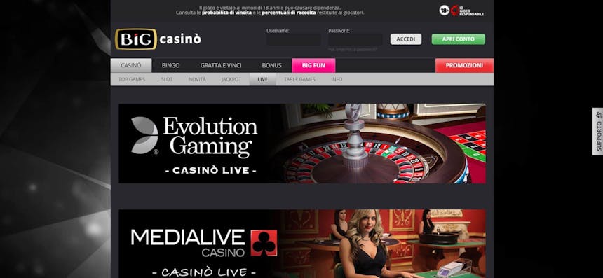 Il casino dal vivo di BIG Casino presenta diversi tavoli virtuali