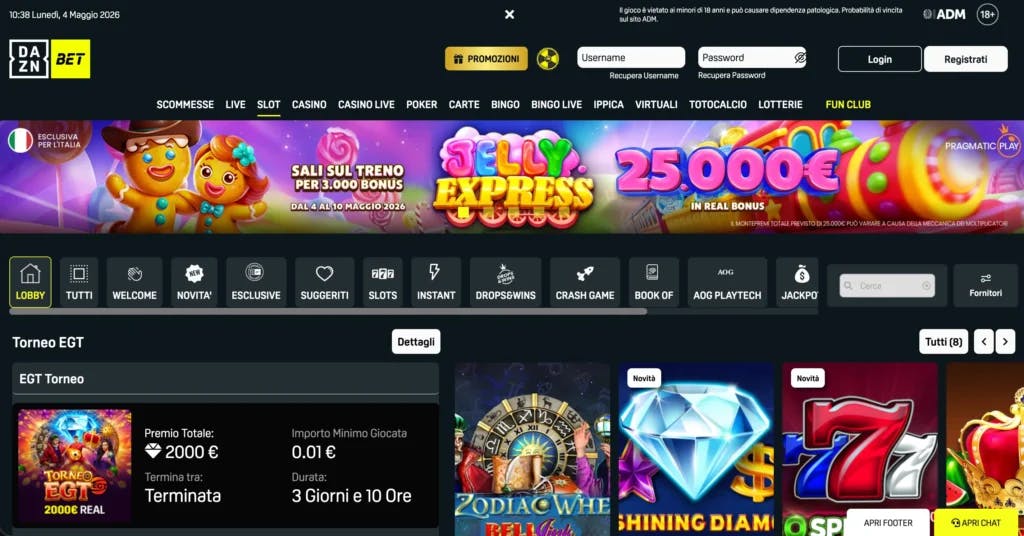 Schermata catalogo giochi su Daznbet casinò