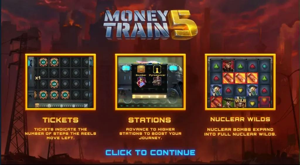 schermata di caricamento di money train 5 con funzioni bonus spiegate